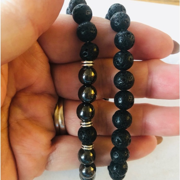 Unisex Two “Kratos “ Black Lava and Hematite Healing Stretch Bracelets - Picture 5 of 9